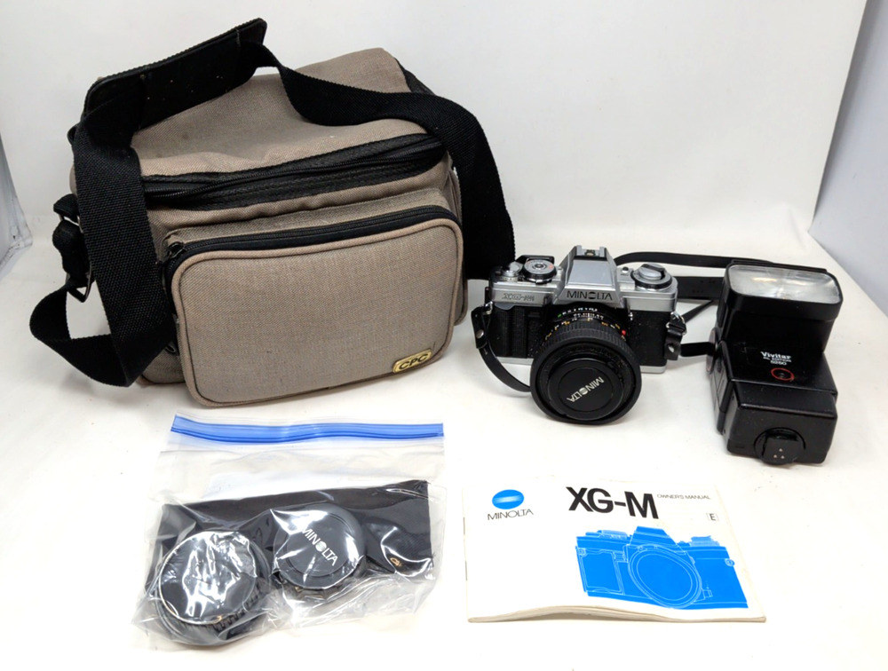 Vintage Minolta XG-M 35mm SLR Camera Bundle Flash 5250 bag carrying case manual